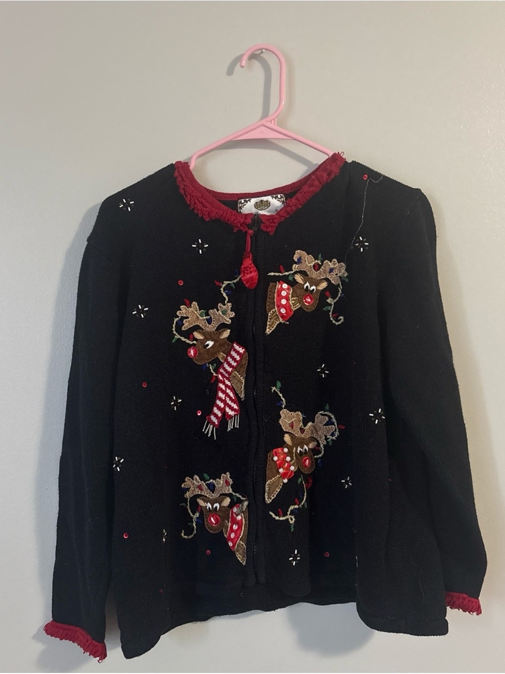 Black Reindeer Embroidered Men’s Cardigan with Red Trim